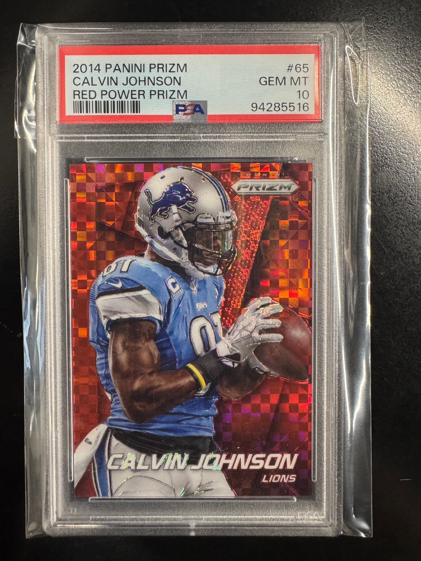CALVIN JOHNSON 2014 PRIZM RED POWER PRIZM /125 #65 LIONS PSA 10