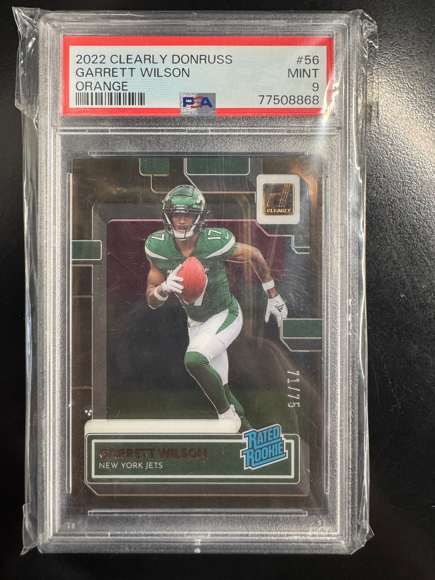 Garrett Wilson 2022 Panini Clearly Donruss #56 - Orange /75 (RC) PSA 9