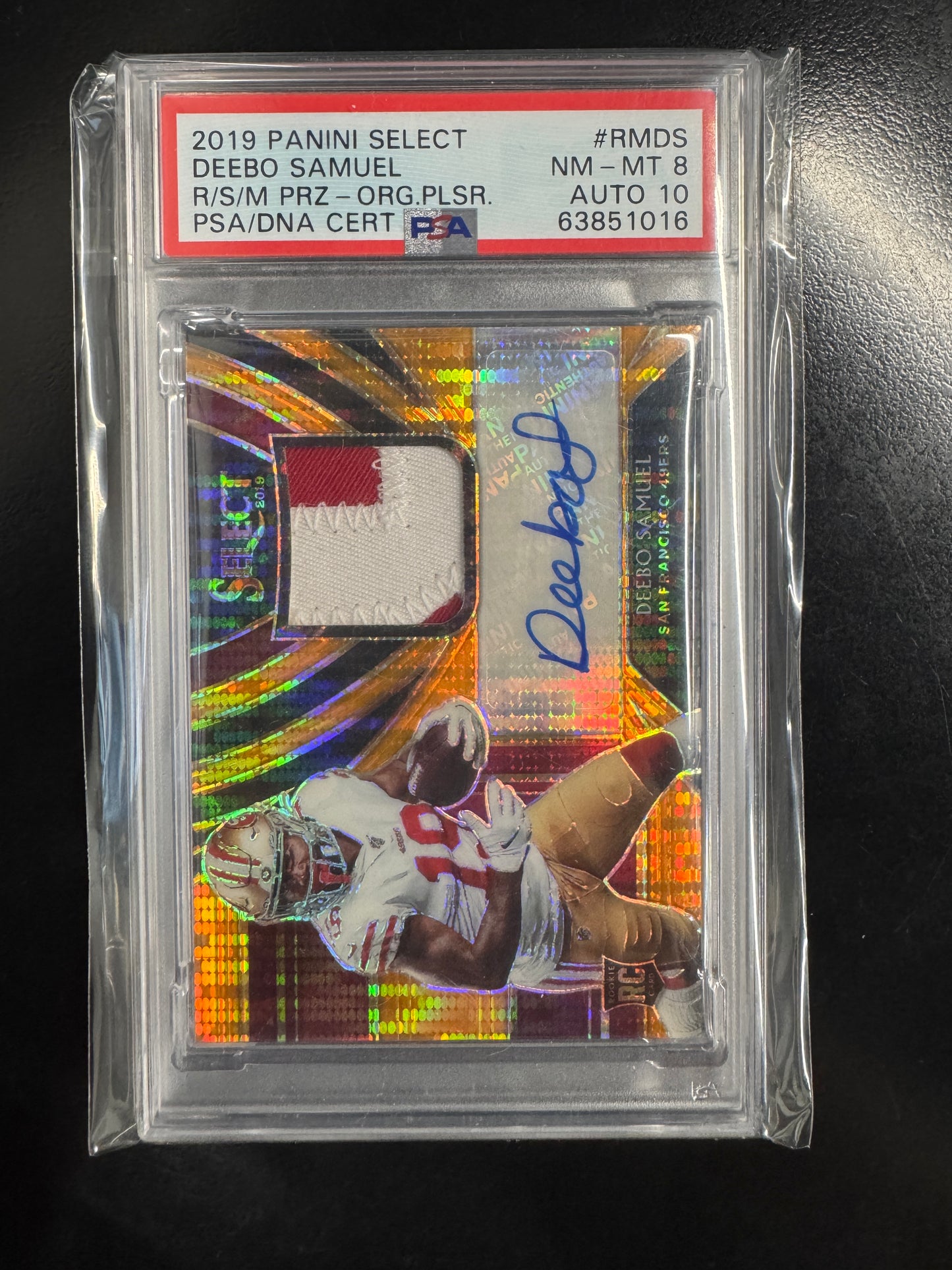 2019 Panini Select Deebo Samuel RC Auto Mem. Neon Orange 15/23 PSA 8 #RMDS